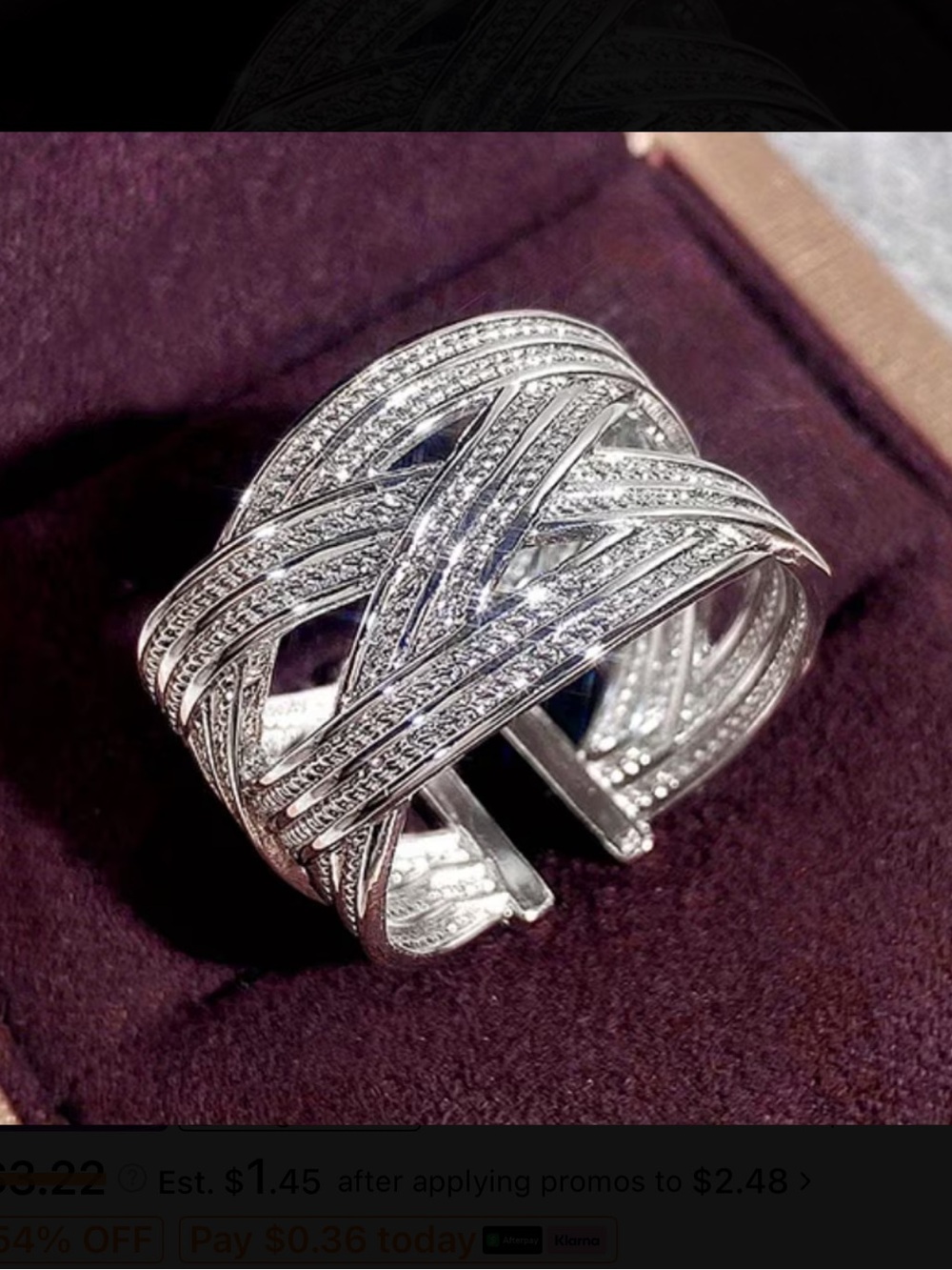 Silver Tone Crisscross Pavé Cuff Ring Adjustable New